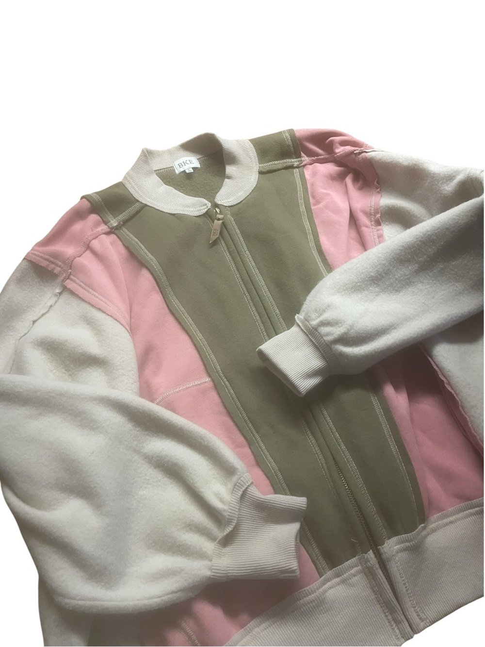 BKE Colorblock Zip-Front Jacket in Pink, Olive & Cream size small like new